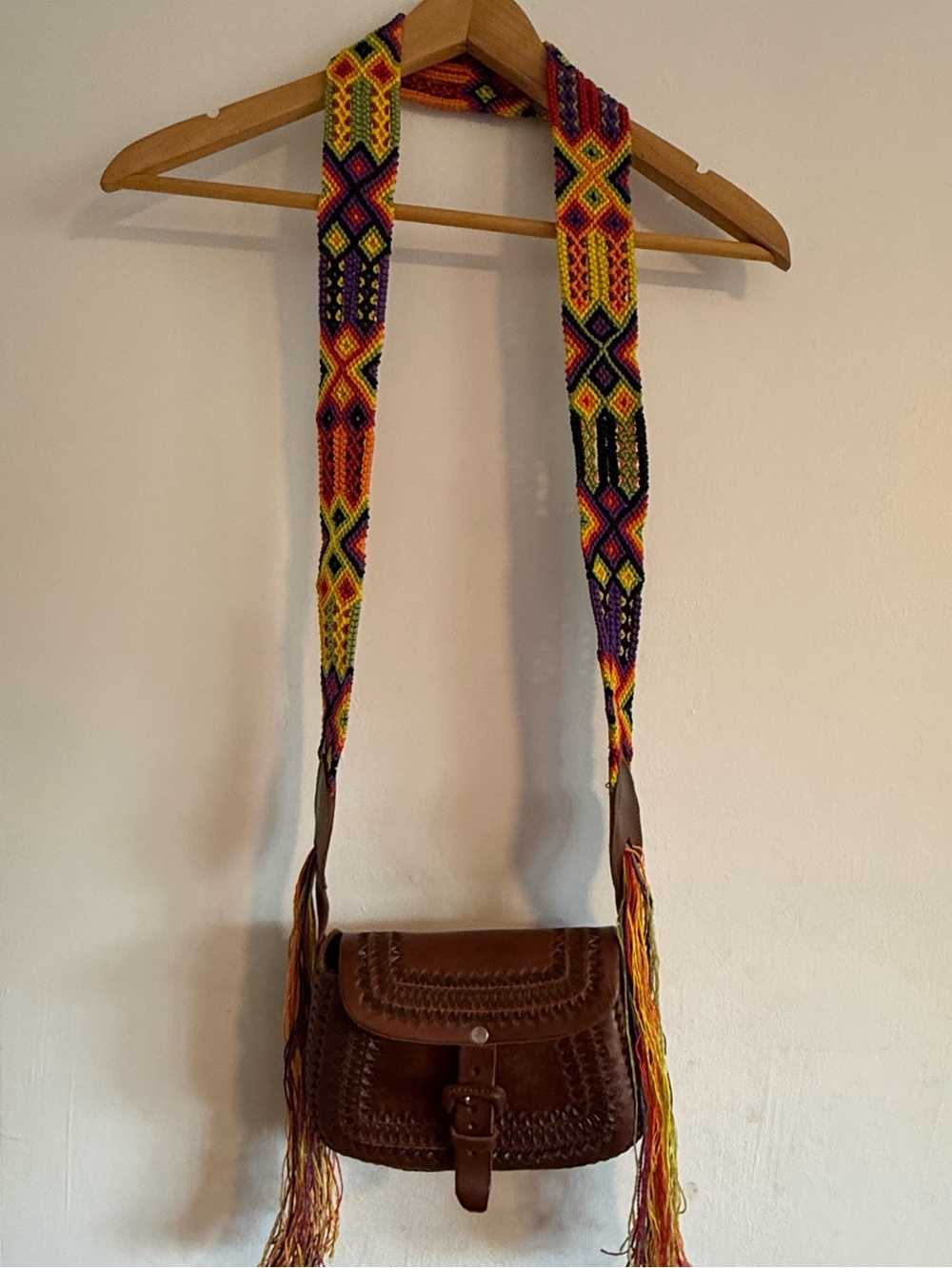 Handmade Mexican Bohemian Brown Leather Crossbody Bag Colorful Woven Strap Boho